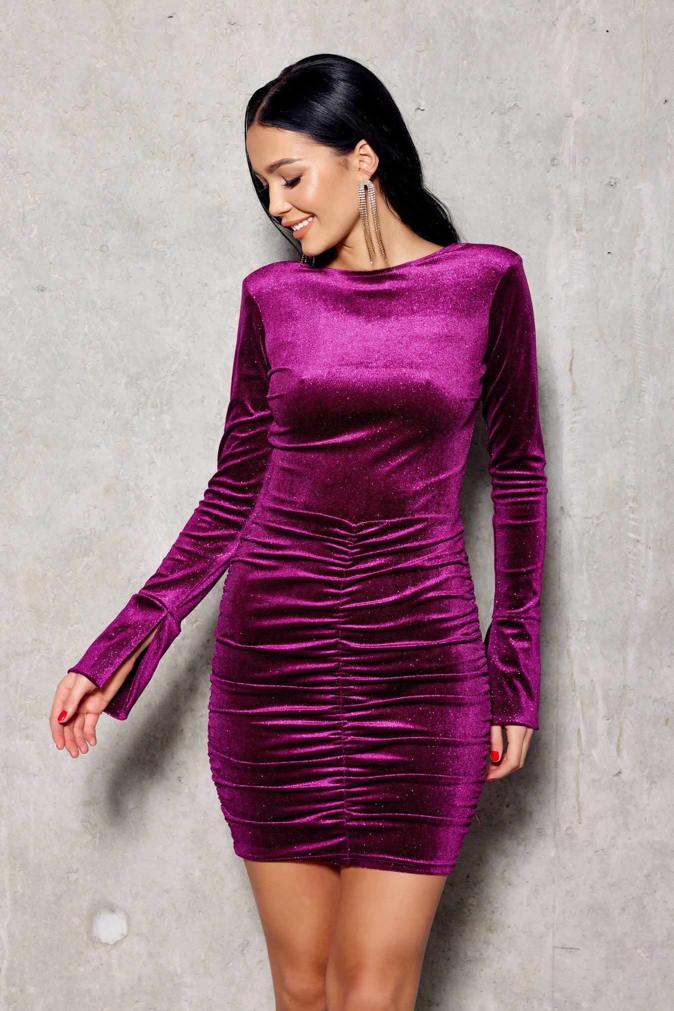 Purple Velvet Dress Ruched Glitter - Bodycon Dress - Open Back