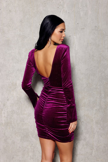 Purple Velvet Dress Ruched Glitter - Bodycon Dress - Open Back