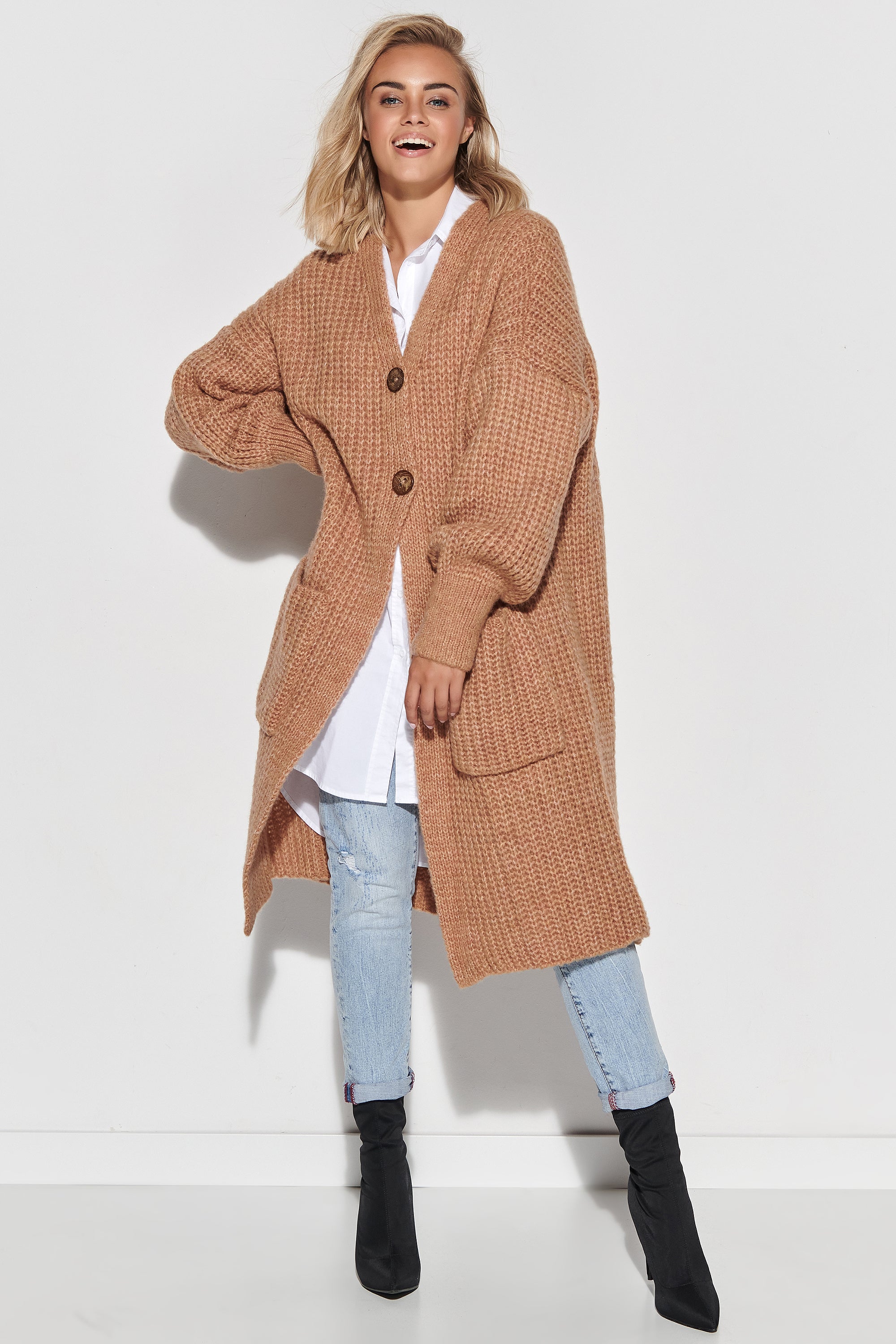 Wide Sleeve Long Cardigan with Buttons at Strictly Influential