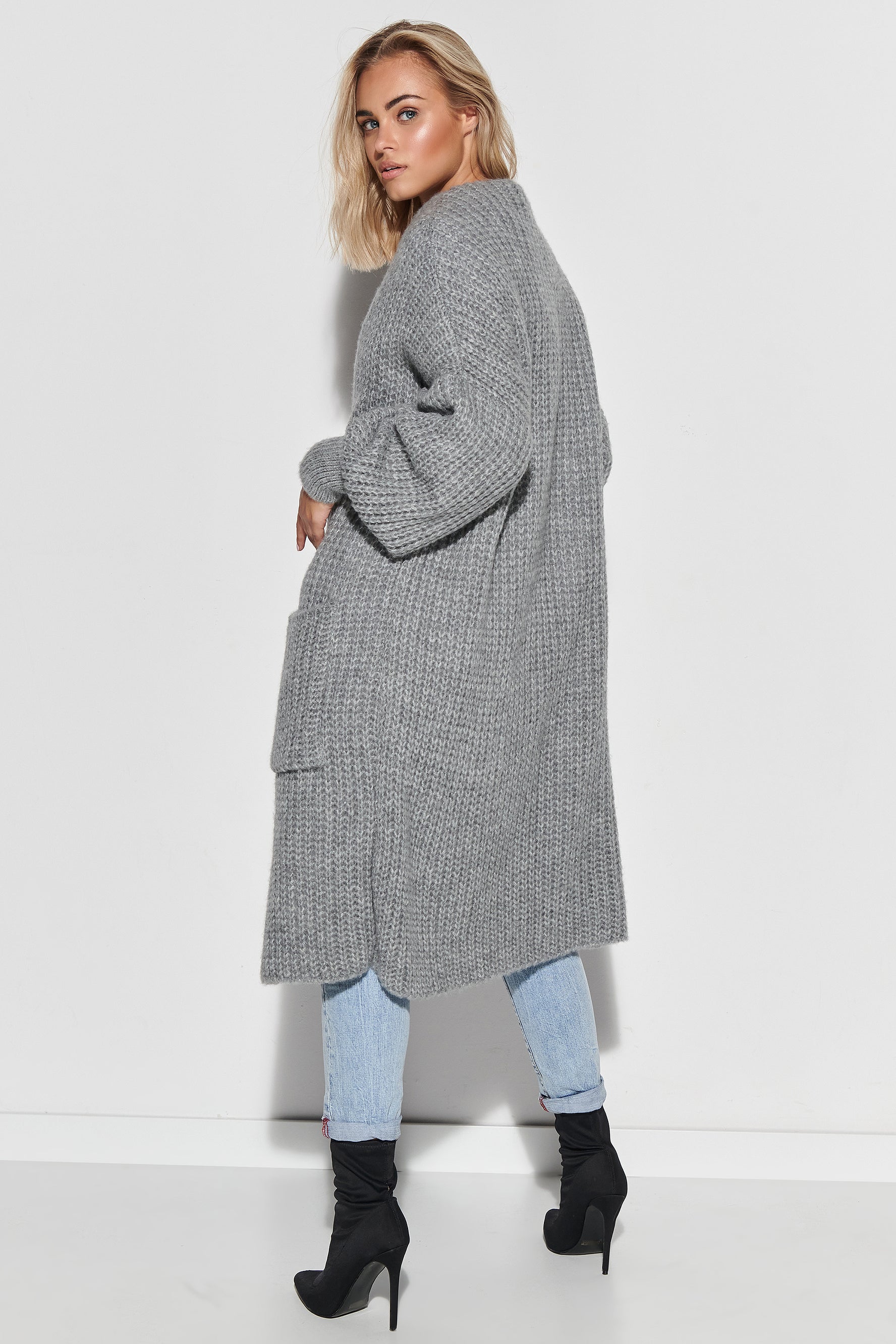 Grey Wide Sleeve Long Cardigan with Buttons at Strictly Influential