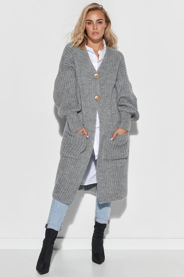 Grey Wide Sleeve Long Cardigan with Buttons at Strictly Influential