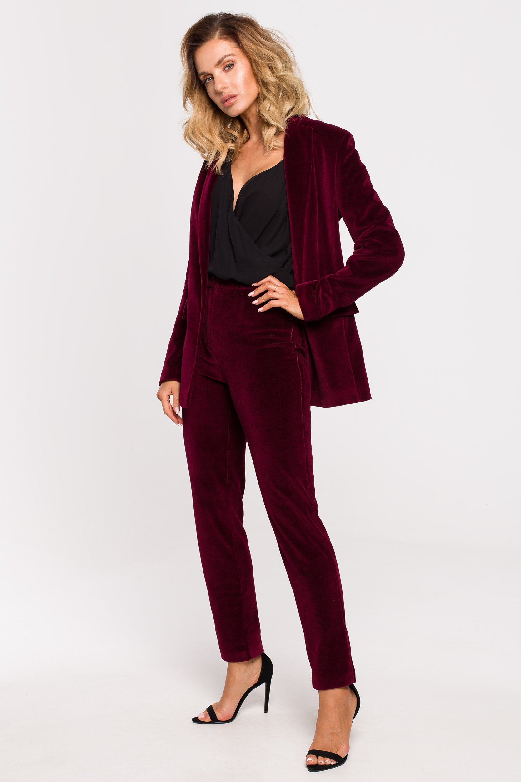 Wine-Red Velvet Single-Button Blazer Suit Separate