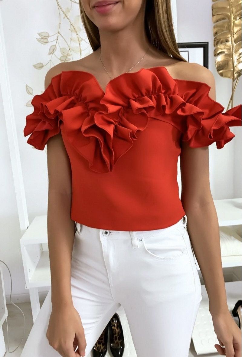 Strapless Red Top with Ruffles / Off Shoulder Top / Valentines Day Sexy Top Heart-shaped