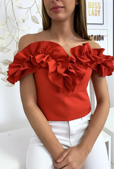 Strapless Red Top with Ruffles / Off Shoulder Top / Valentines Day Sexy Top Heart-shaped
